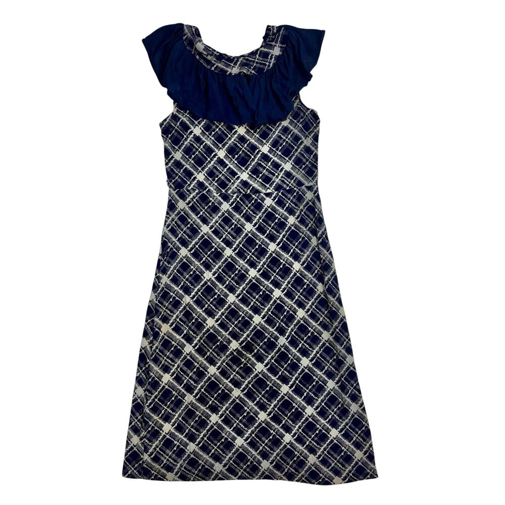 Vintage 1930s Navy Blue White Plaid Silk Bias Cut Dress Ruffle Collar